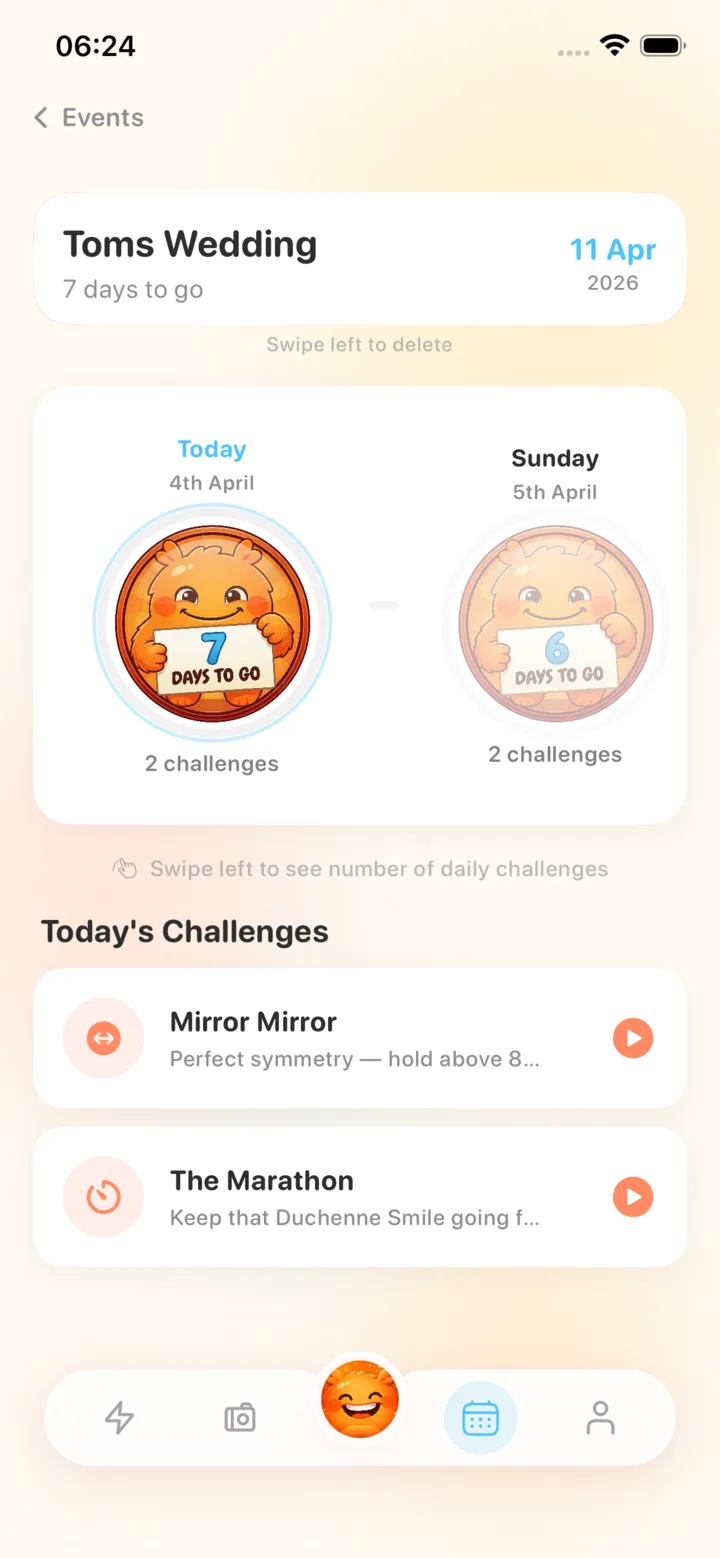Event preparation screen with countdown and daily challenges